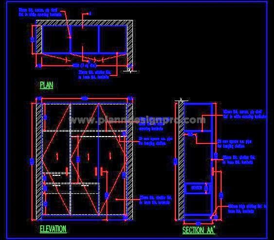 3 Shutter Wardrobe Design DWG- Plan, Elevation, and Section